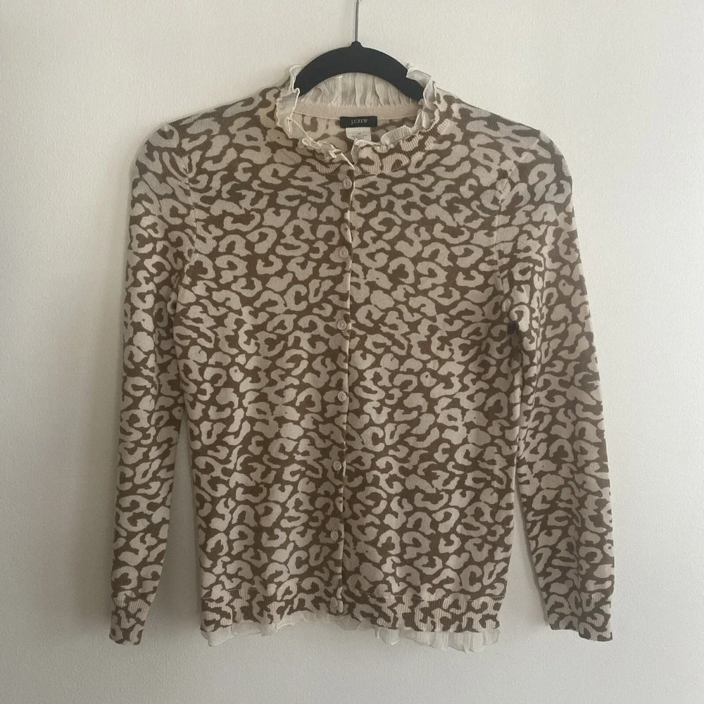 J Crew Animal‎ Print Merino Wool Cardigan Sweater Ruffle Trim Size XS